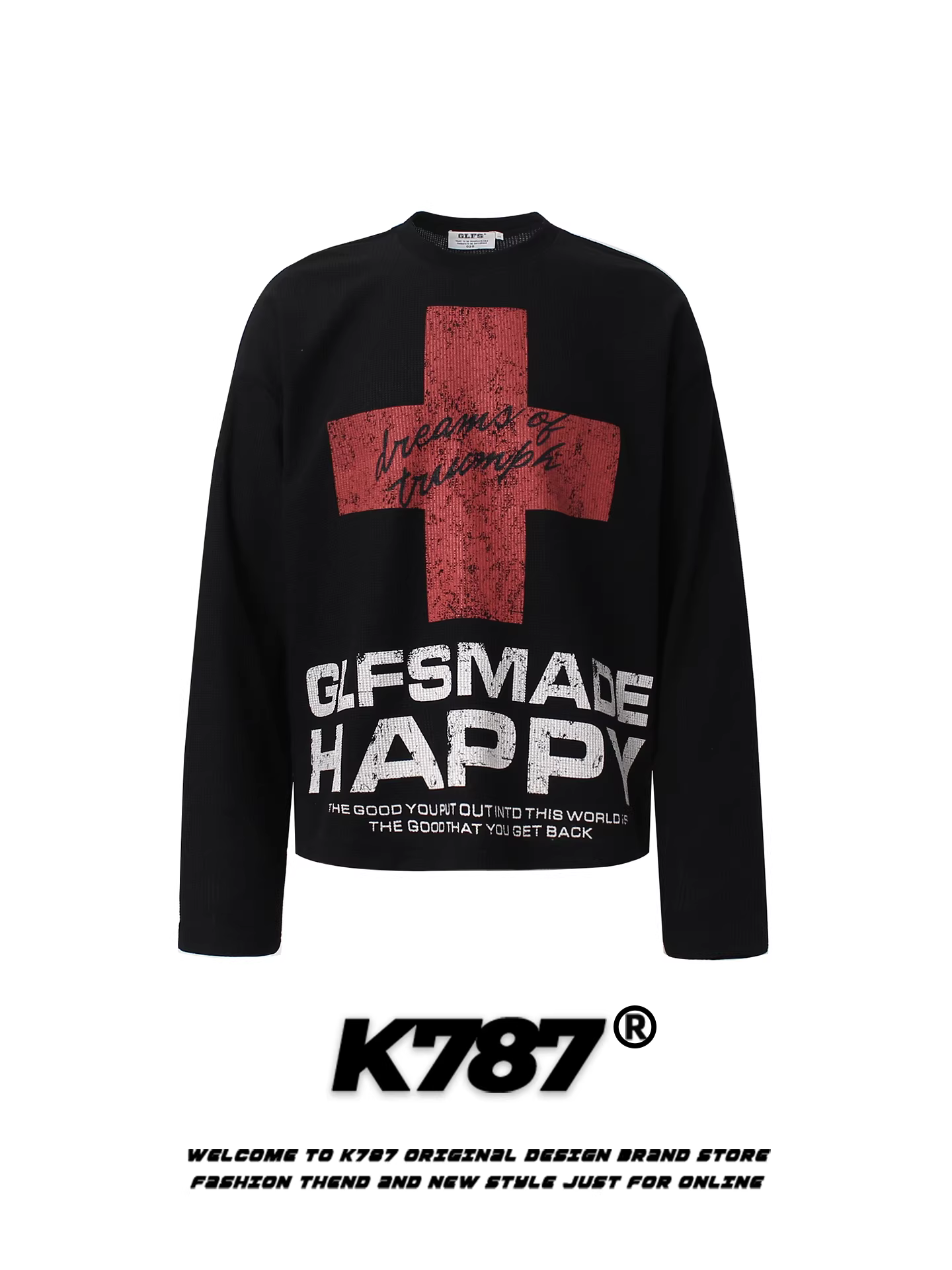 Áo thun dài tay họa tiết chéo cổ điển Mỹ K787 dành cho nam và nữ, thương hiệu thời thượng, áo sơ mi dáng rộng, phong cách giản dị