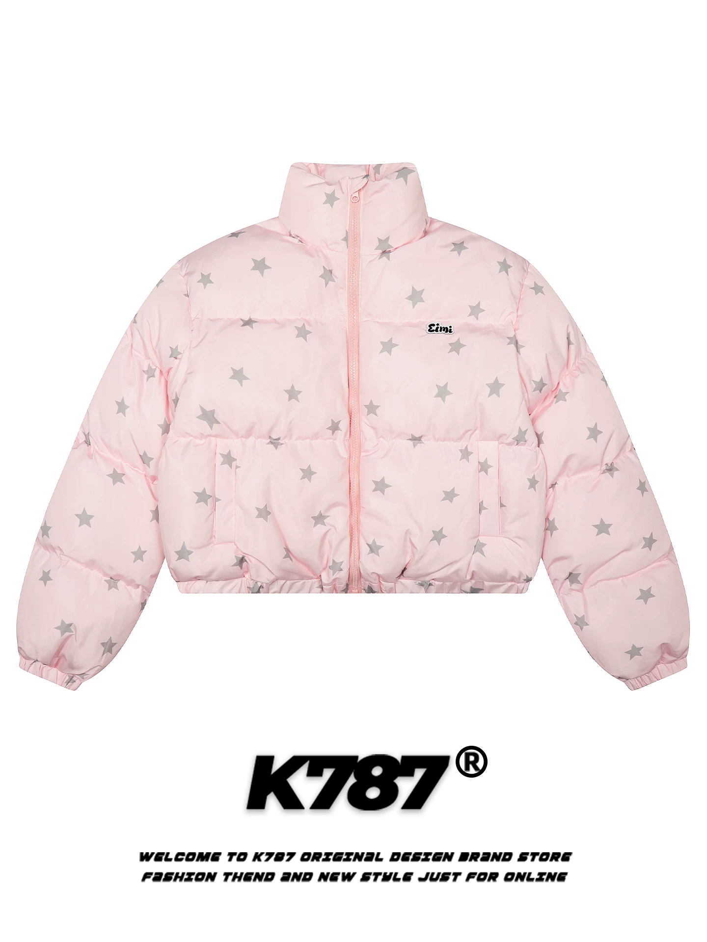 Áo khoác cotton cổ đứng in họa tiết sao toàn thân kiểu dáng nhẹ nhàng và ngọt ngào K787 dành cho nữ, kiểu dáng ngắn ấm áp, áo khoác phao ngắn giảm tuổi tác cho mùa đông.