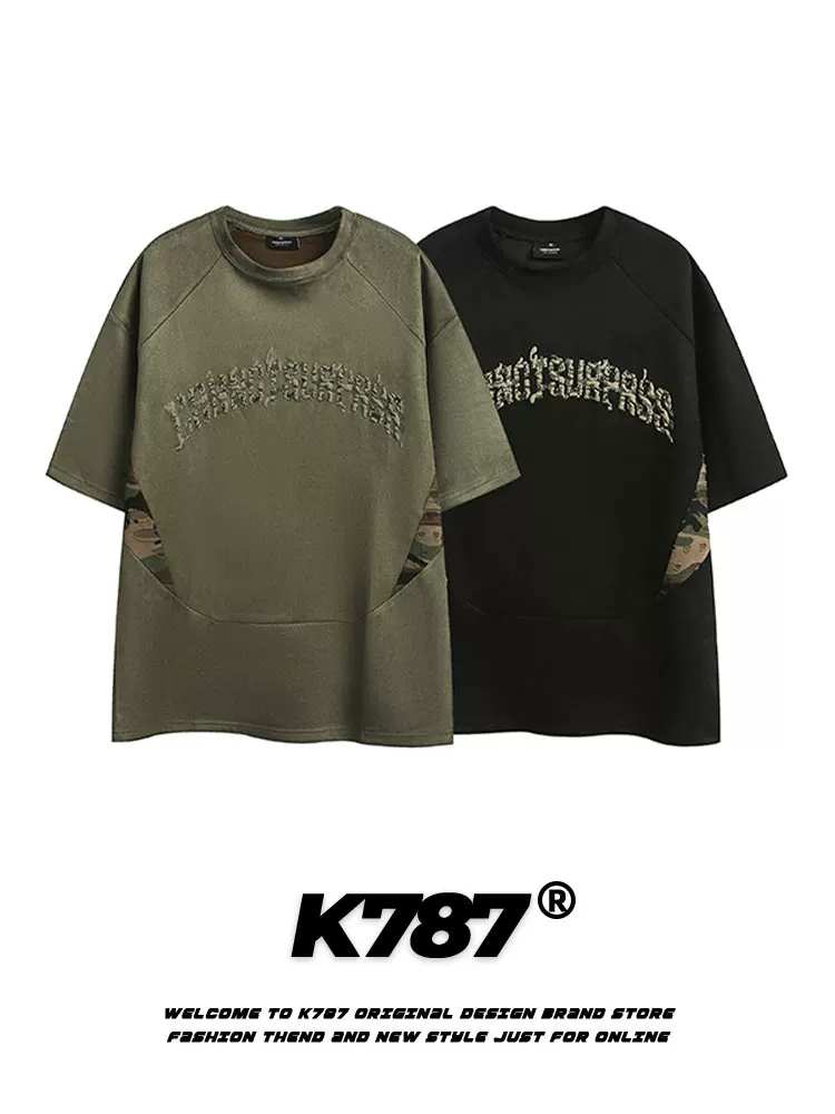K787 Áo thun ngắn tay phong cách retro Mỹ, phối họa tiết rằn ri thêu, kiểu dáng unisex, rộng rãi, phong cách công sở, tay lửng