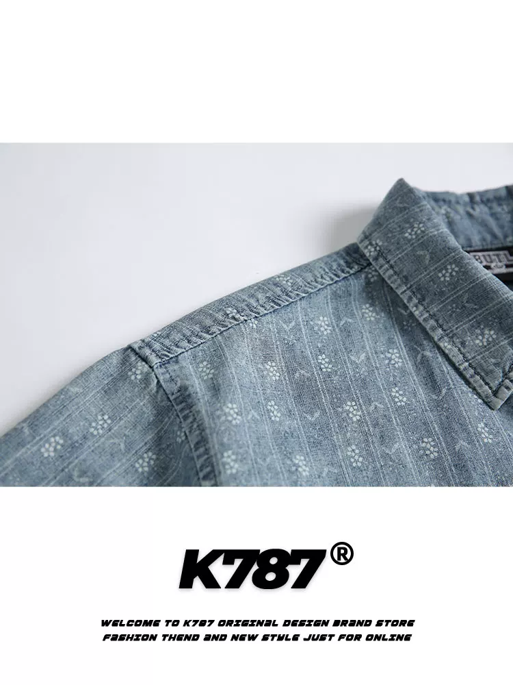 K787 Áo sơ mi ngắn tay jacquard sọc theo xu hướng cổ điển của Mỹ dành cho nam và nữ, áo cardigan nửa tay denim cổ điển đã giặt rộng rãi