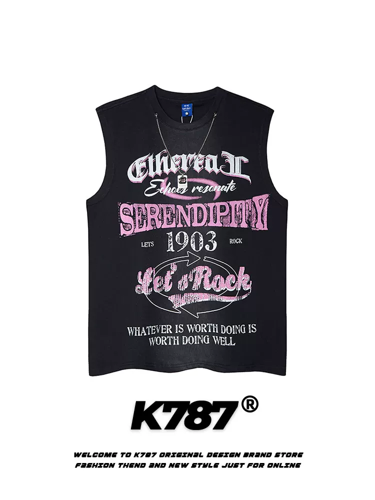 K787 Mỹ retro đường phố hip-hop dưa hấu áo vest màu đỏ Áo thun unisex oversize vòng cổ ins áo không tay