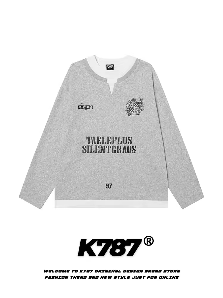 K787 Áo thun dài tay giả hai mảnh kiểu cổ điển kiểu Mỹ dành cho nam và nữ, phong cách thể thao đa năng, áo cặp đôi hợp thời trang