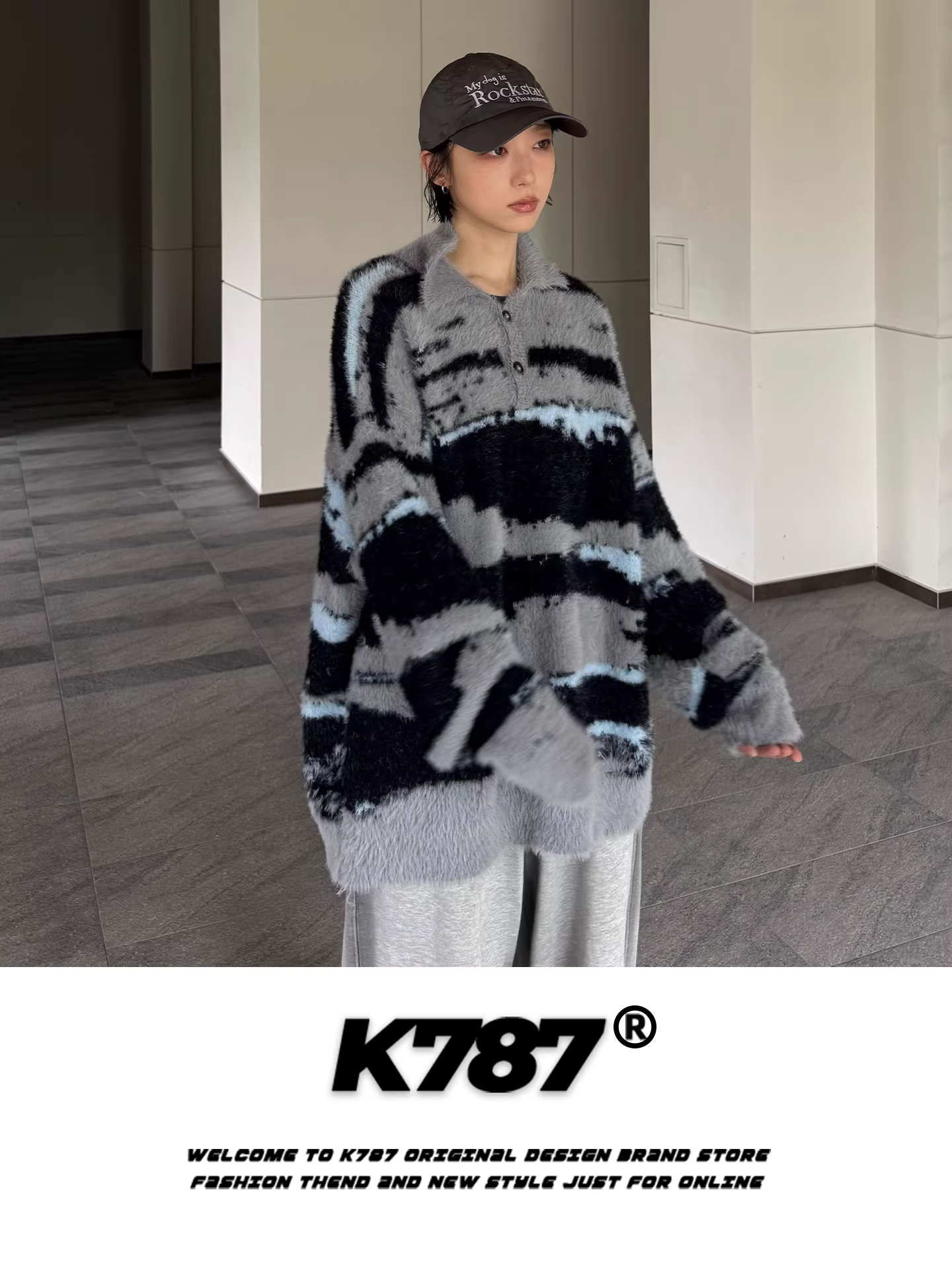 Áo len cổ polo giả lông chồn kiểu Mỹ cổ điển K787 dành cho nam và nữ, dáng rộng, chất liệu mềm mại, ấm áp, phong cách thoải mái, dễ mặc.