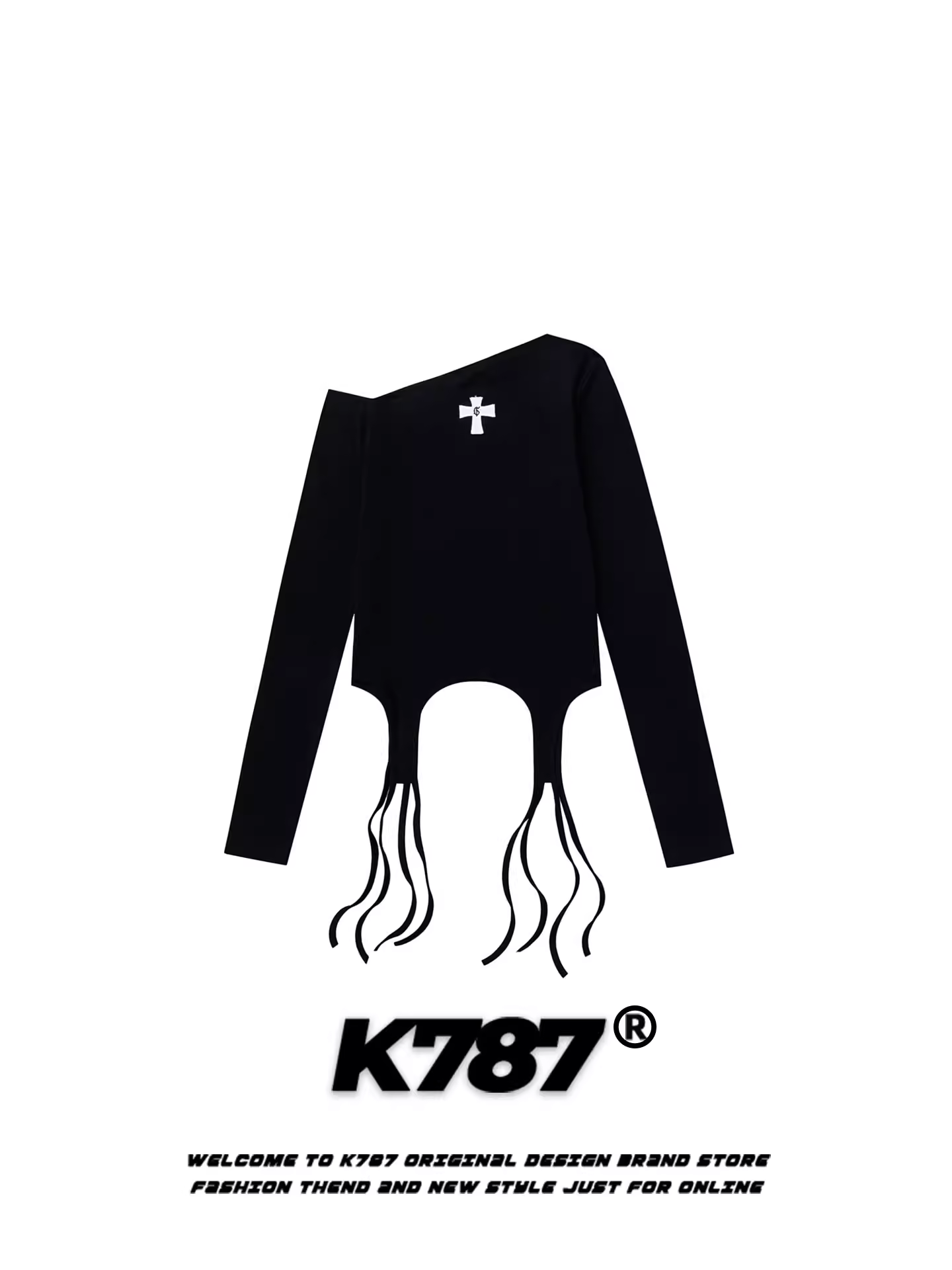 Áo thun nữ tay dài, cổ trễ vai, thêu chữ thập họa tiết K787, kiểu dáng ôm sát, vạt áo bất đối xứng.