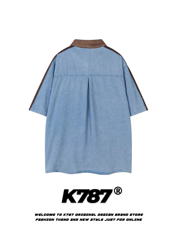 Áo sơ mi denim ngắn tay in chữ sọc kiểu Mỹ cổ điển K787 dành cho nam và nữ, đã qua xử lý làm mềm và tạo hiệu ứng cũ, kiểu dáng cardigan rộng, tay lửng.