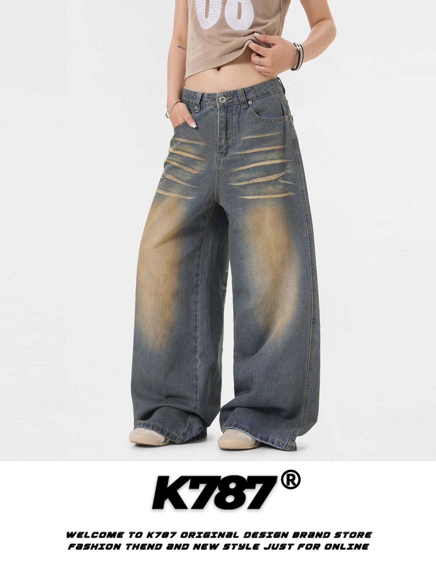 Quần jeans K787 kiểu Mỹ cổ điển màu vàng đất, xước cũ, dành cho nam và nữ, cạp cao, kiểu dáng thời thượng, rộng rãi, thẳng, phong cách đường phố, quần ống rộng