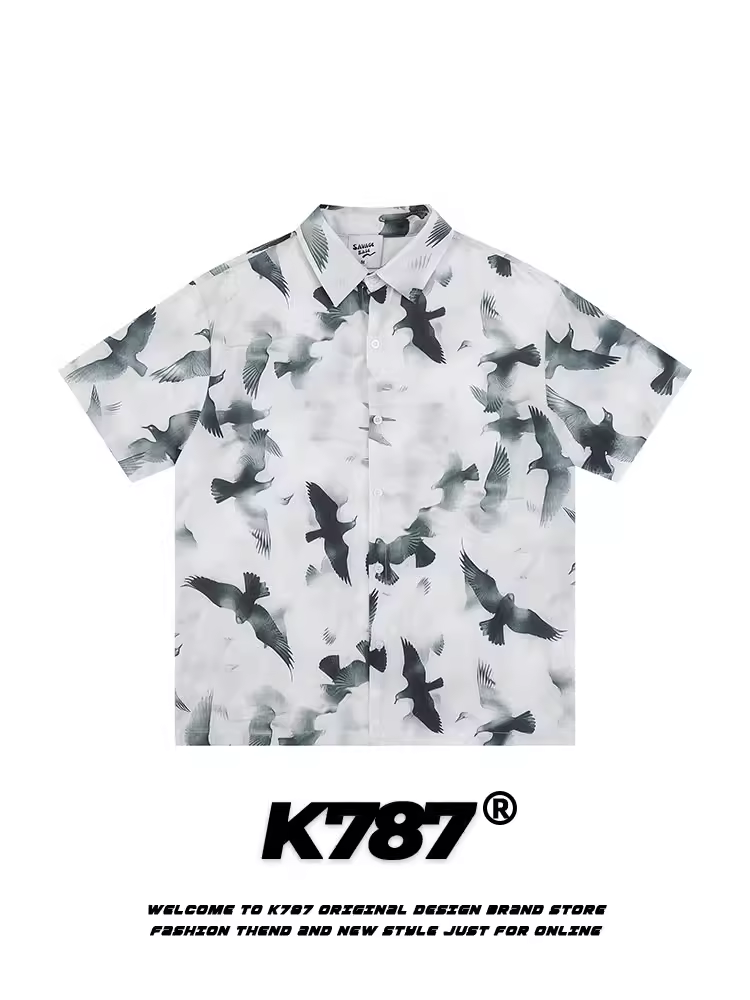 K787 nghệ thuật in hình chim bồ câu hòa bình đi biển áo sơ mi ngắn tay giản dị unisex phong cách đường phố Mỹ áo cardigan đa năng nửa tay