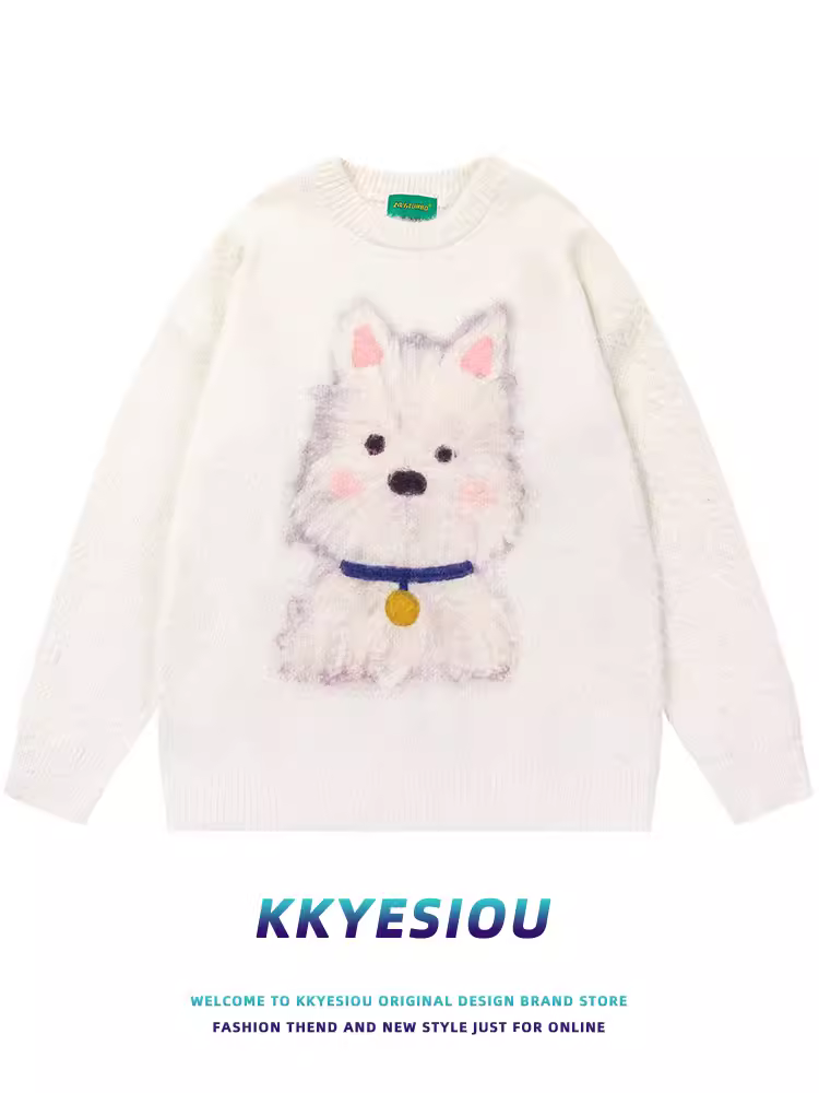 Áo len dệt kim kiểu Nhật Bản KKyesiou, họa tiết chó dễ thương, phong cách đại học, unisex, dáng rộng, áo đôi vui nhộn