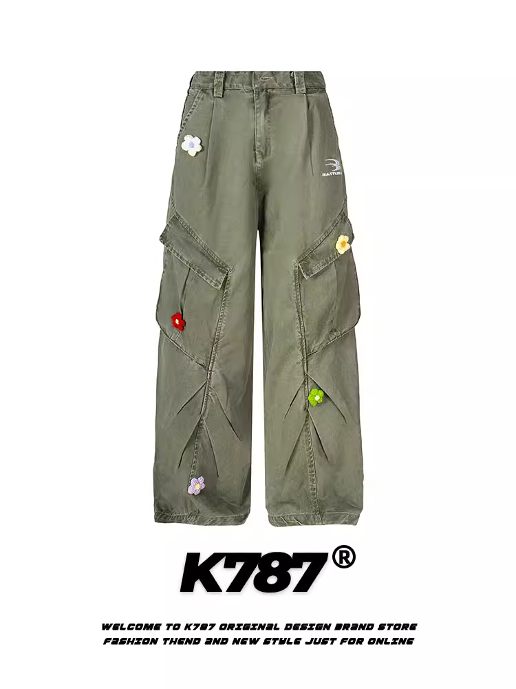 K787 Quần tây thêu phong cách retro quốc gia của Mỹ quần công sở giản dị unisex oversize lưng cao đa năng quần denim ống thẳng đa năng