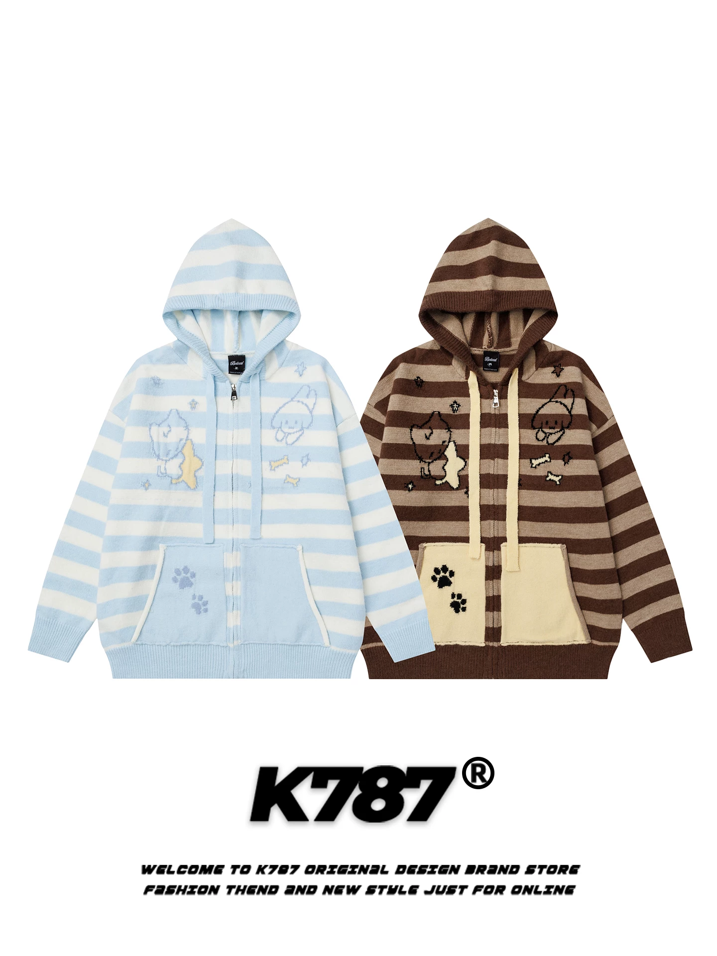 K787 cô gái ngọt ngào phong cách lười biếng hoạt hình áo len có mũ trùm đầu sọc unisex áo khoác dệt kim thông thường giảm tuổi tác