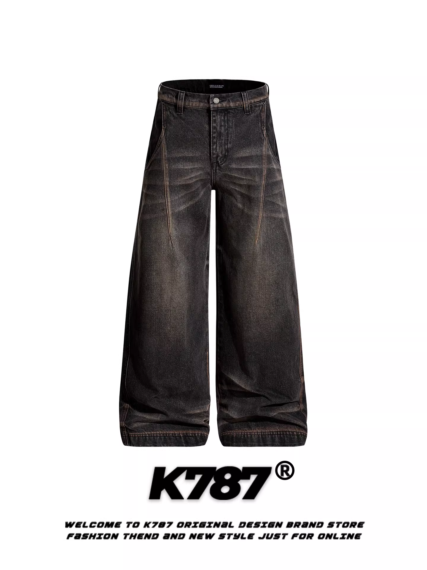 Quần jeans dáng scimitar unisex K787 kiểu Mỹ cổ điển, xước, rách, dài chấm đất, cạp cao, ống rộng, dáng thẳng, phong cách thường ngày