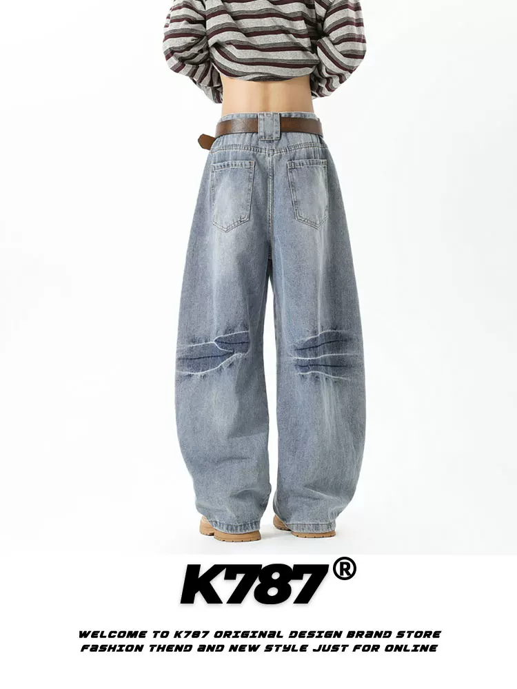 Quần jeans kiểu dáng retro Mỹ K787, họa tiết sét phá cách, unisex, dáng rộng, cạp cao, phong cách casual, kiểu dáng lửng.