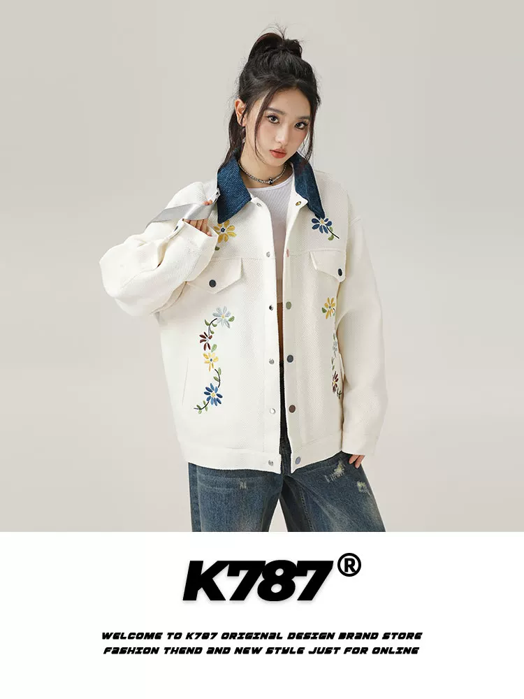 K787 Áo khoác thêu theo xu hướng quốc gia cổ điển của Mỹ unisex trang phục bảo hộ lao động phong cách trang trại phối màu mùa xuân áo khoác bóng chày cặp đôi