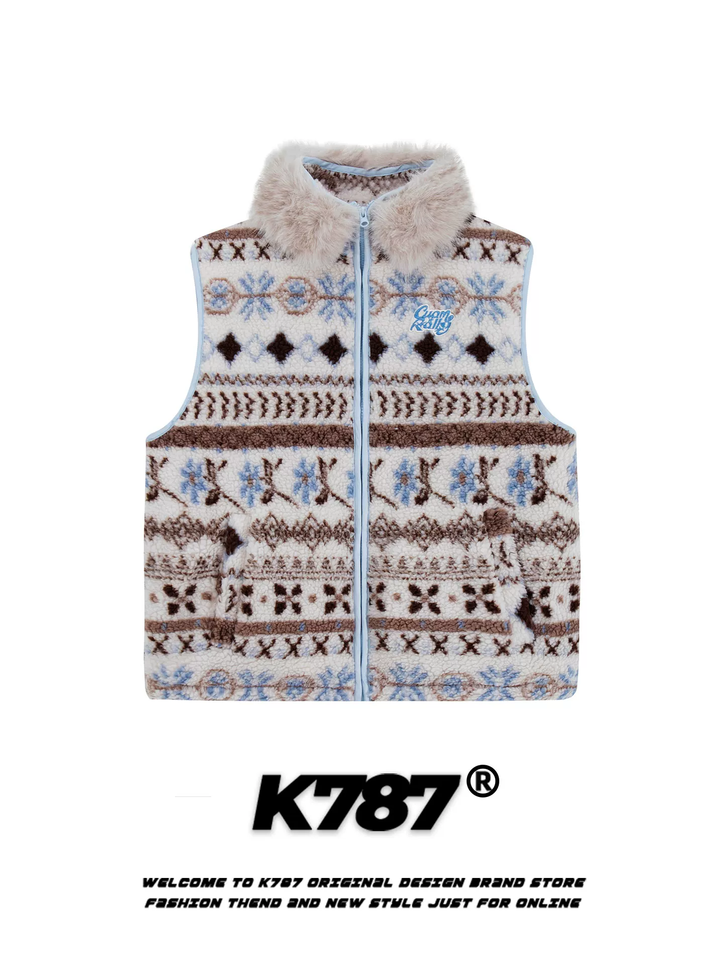 Áo gile nữ kiểu đường phố Mỹ K787, cổ lông tháo rời kiểu Fair Isle, áo khoác nhiều lớp, chất liệu len cừu giữ ấm mùa đông