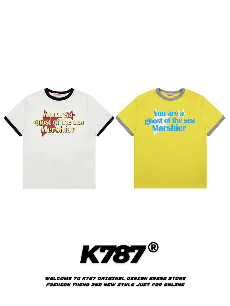 K787 Áo thun ngắn tay phong cách hip-hop nữ tính phong cách bm màu vàng chanh phối màu ngọt ngào mát mẻ áo thun ngắn tay
