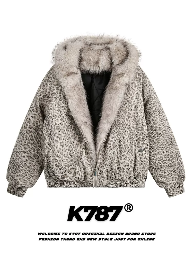 Áo khoác cotton dày dặn cổ lông phong cách Mỹ cổ điển K787, họa tiết báo đốm, unisex, mùa đông 2025, có mũ, dành cho cặp đôi