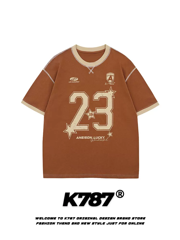 K787 Áo thun thể thao ngắn tay raglan cổ điển kiểu Mỹ dành cho nam và nữ, áo thun dáng rộng đa năng phong cách đại học dành cho cặp đôi