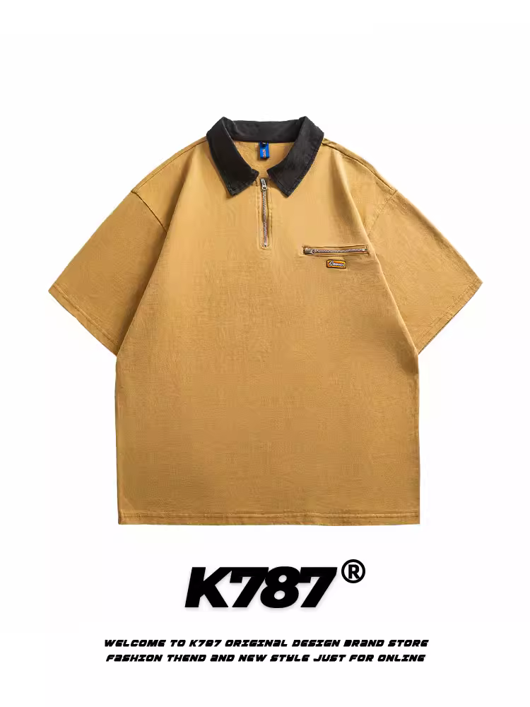 Áo thun ngắn tay kiểu Mỹ cổ điển K787, phối vải theo phong cách nhà kho, dành cho nam và nữ, áo POLO trắng trơn có khóa kéo phong cách đường phố