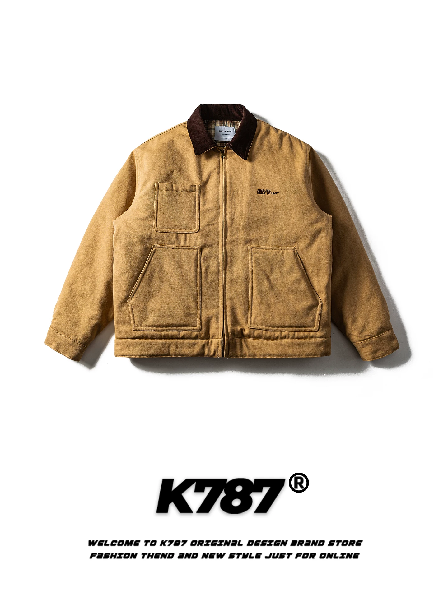 Áo khoác cotton unisex kiểu dáng cổ điển Mỹ K787, phối họa tiết thêu chữ, kẻ caro, phối vải, có cổ, ấm áp, kiểu dáng thời trang, thương hiệu nổi tiếng.