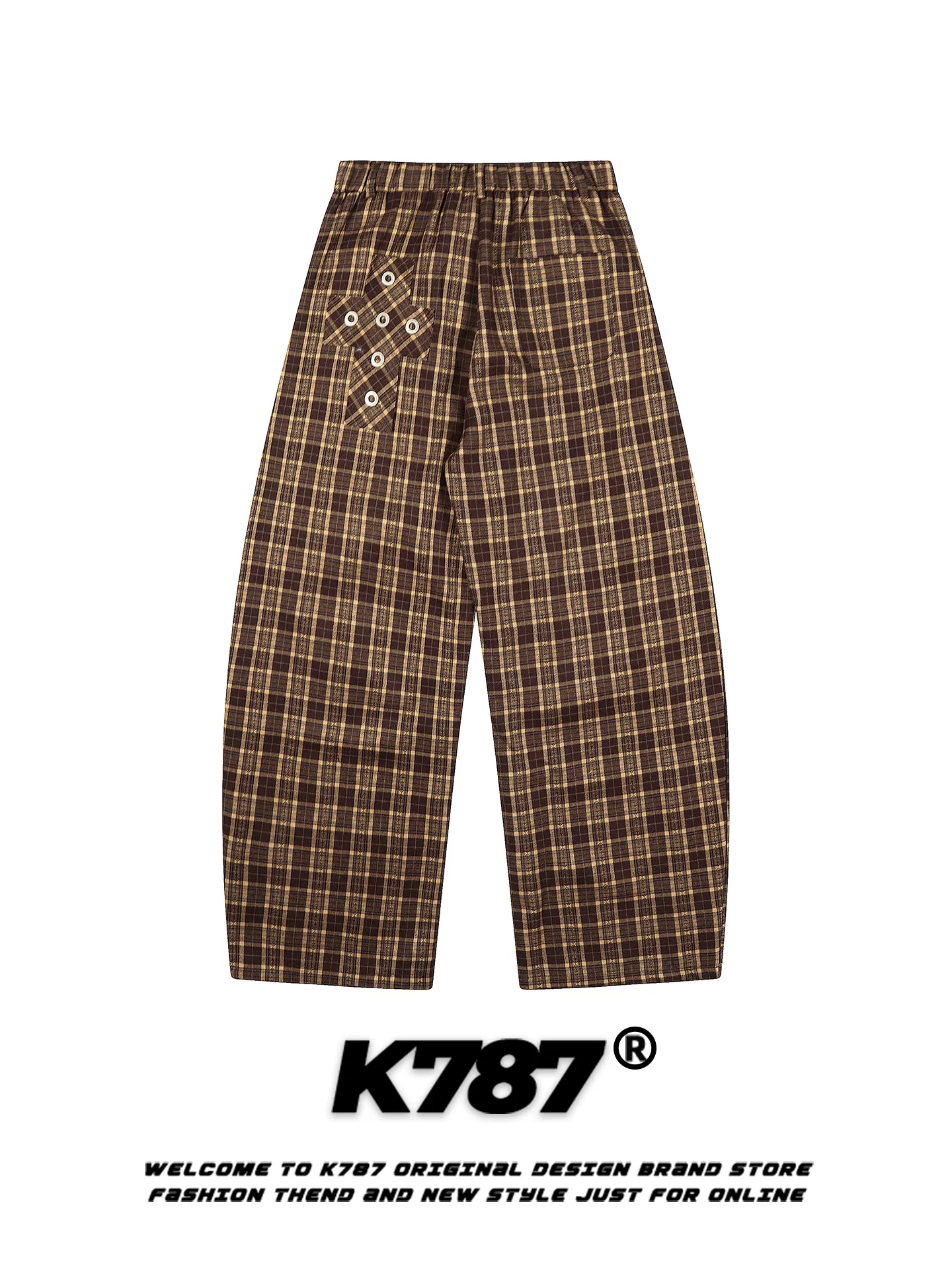 Quần âu kiểu Mỹ K787 phối màu retro, họa tiết ca rô, unisex, dáng rộng, xếp ly, phong cách đường phố, cạp cao, màu đỏ, ống rộng