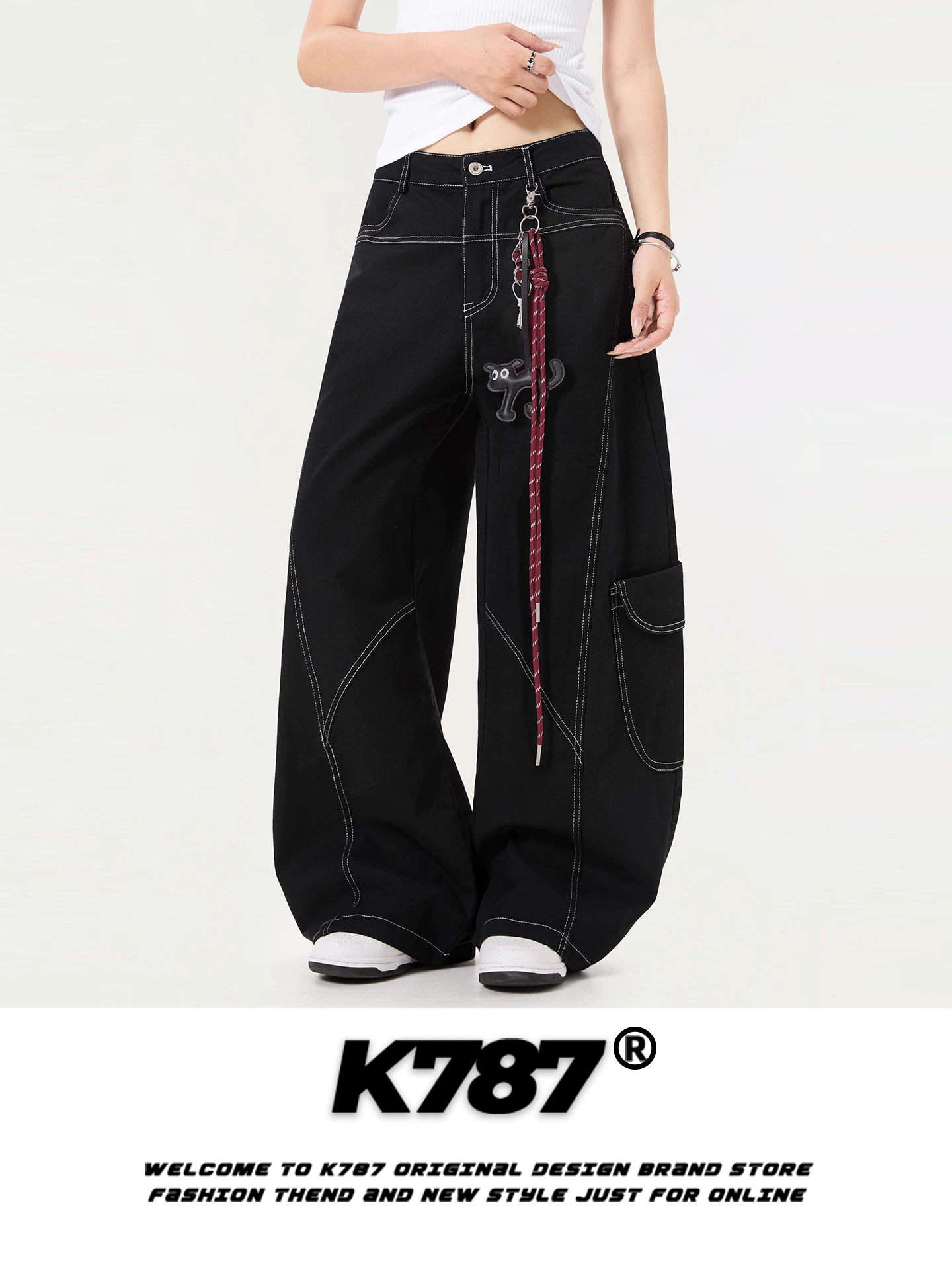 Quần jeans dáng rộng unisex K787 kiểu Mỹ cổ điển, thiết kế cấu trúc, cạp cao, đường may lộ, thời trang, ống rộng