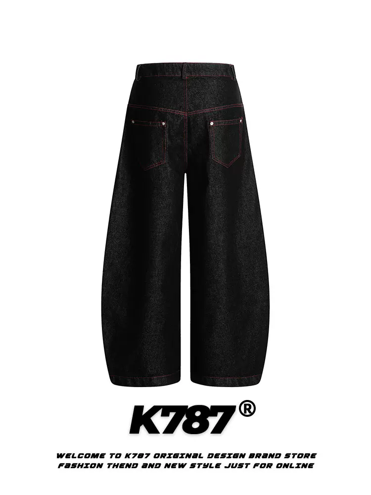 Quần jeans unisex K787 kiểu Mỹ cổ điển phối màu hip-hop, dáng rộng, cạp cao, xu hướng thời trang