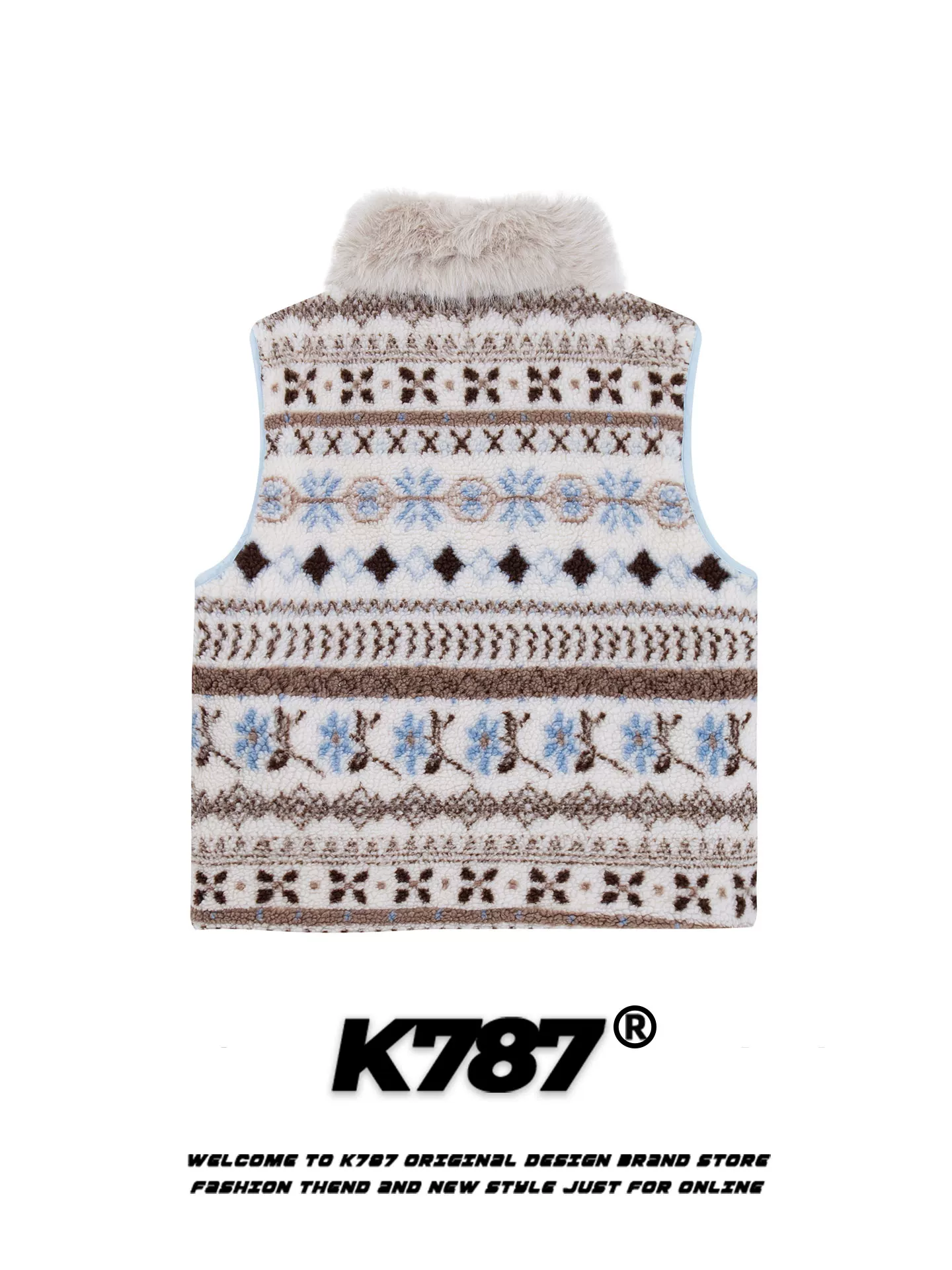 Áo gile nữ kiểu đường phố Mỹ K787, cổ lông tháo rời kiểu Fair Isle, áo khoác nhiều lớp, chất liệu len cừu giữ ấm mùa đông