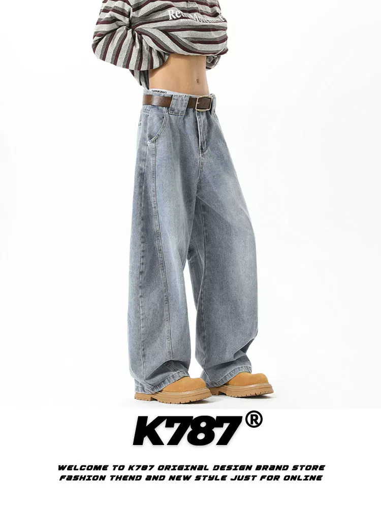 Quần jeans kiểu dáng retro Mỹ K787, họa tiết sét phá cách, unisex, dáng rộng, cạp cao, phong cách casual, kiểu dáng lửng.