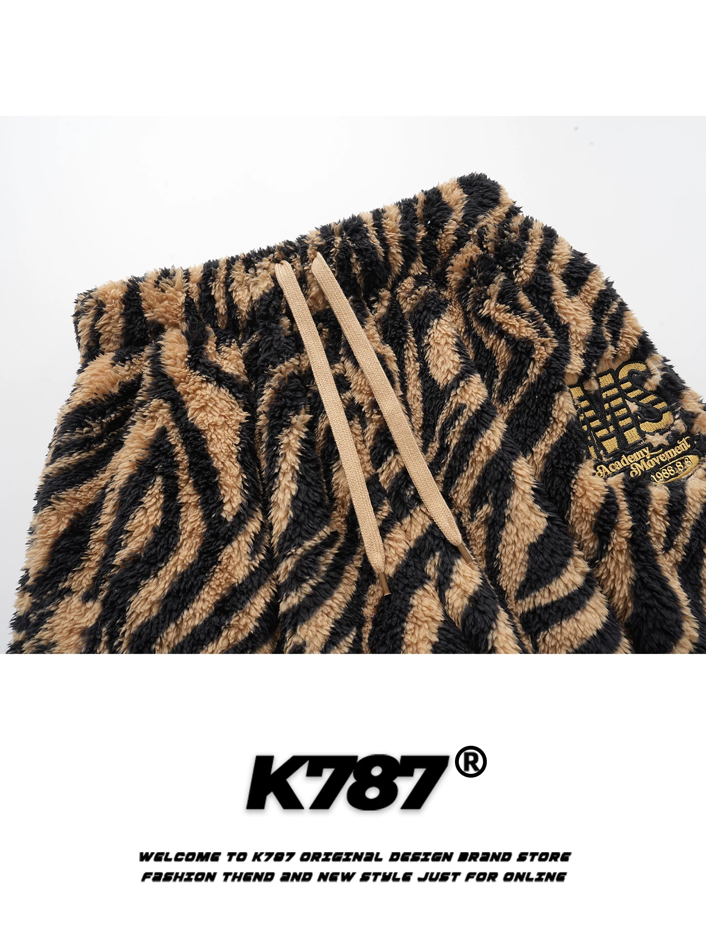 K787 Quần cotton có dây rút in họa tiết hổ cổ điển kiểu Mỹ dành cho nam và nữ, quần ống rộng dài đến sàn ấm áp, ống rộng, kiểu dáng đơn giản
