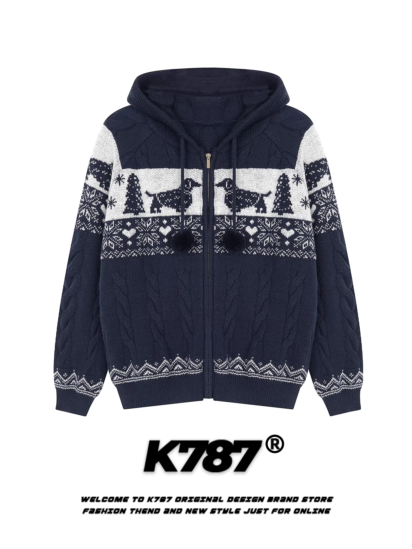 Áo len cardigan có mũ trùm đầu kiểu Mỹ cổ điển K787, họa tiết Fair Isle, dành cho nam và nữ, áo khoác dệt kim giữ ấm mùa thu đông cho cặp đôi