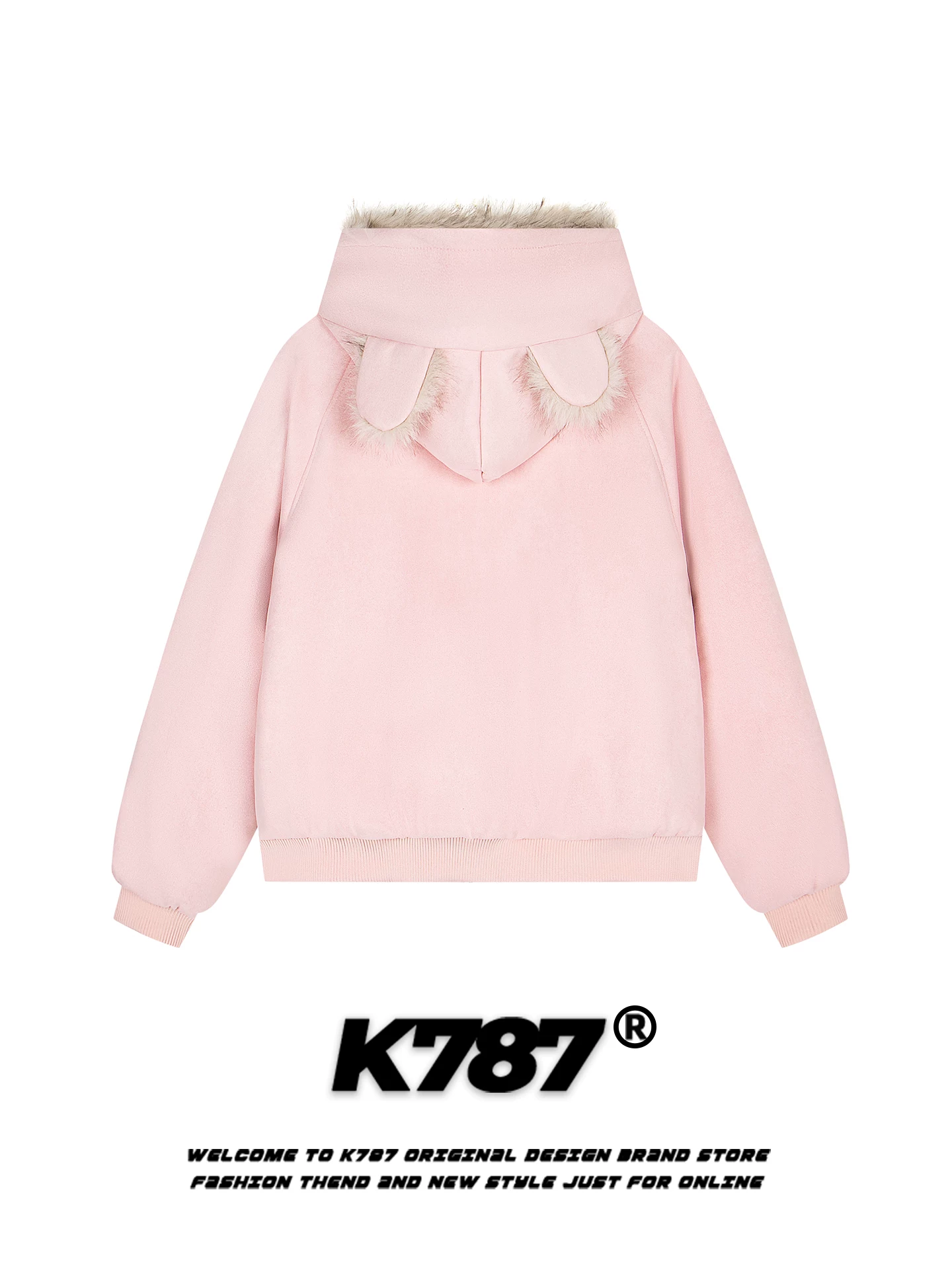 K787 Áo khoác cotton có mũ trùm đầu cổ lông theo xu hướng quốc gia kiểu Mỹ dành cho nam và nữ, dáng rộng, dày dặn, ấm áp, áo khoác cotton màu hồng cho mùa đông.