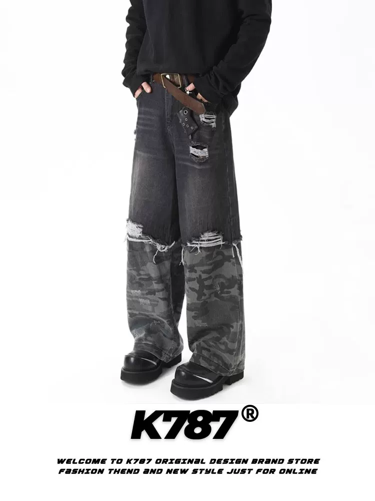 Quần jeans ống thẳng kiểu dáng casual phối họa tiết hip-hop Mỹ K787, thiết kế giả hai mảnh, họa tiết rằn ri, thêu nổi, dành cho nam và nữ.