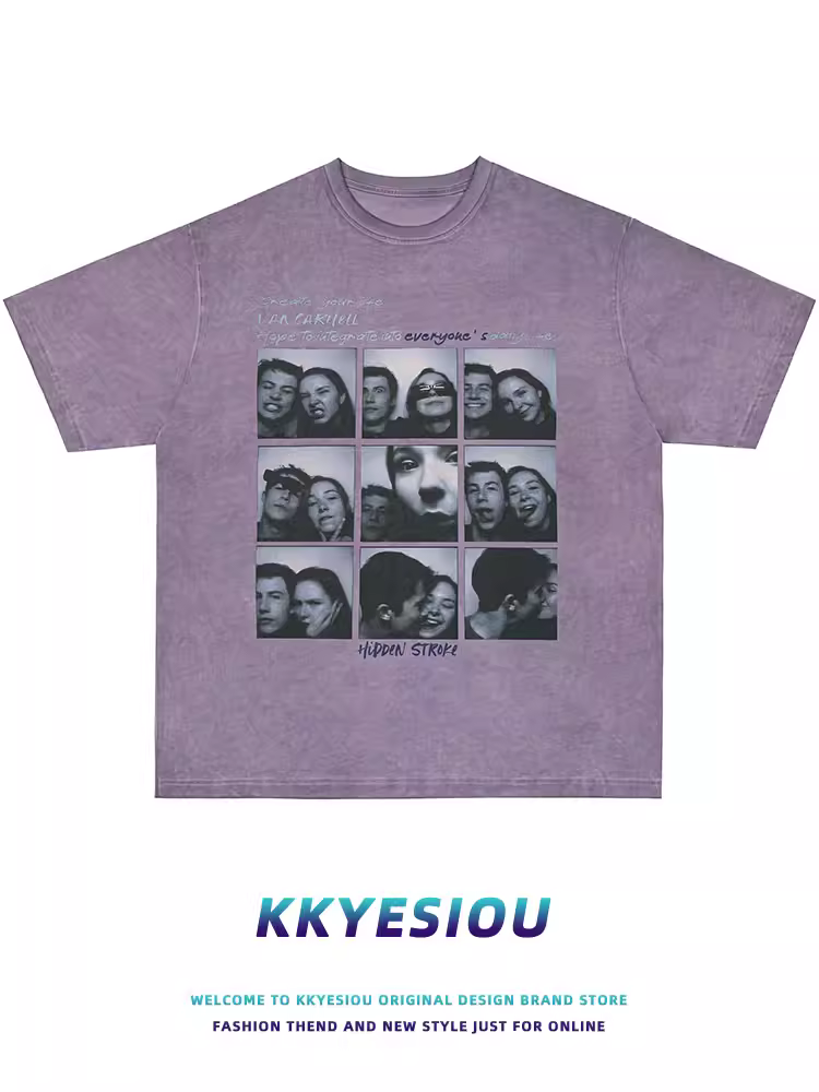 Áo thun nam KKyesiou hip-hop in hình đầu to, kiểu dáng cũ kỹ, tay ngắn, phong cách retro Mỹ, size lớn, dành cho cặp đôi