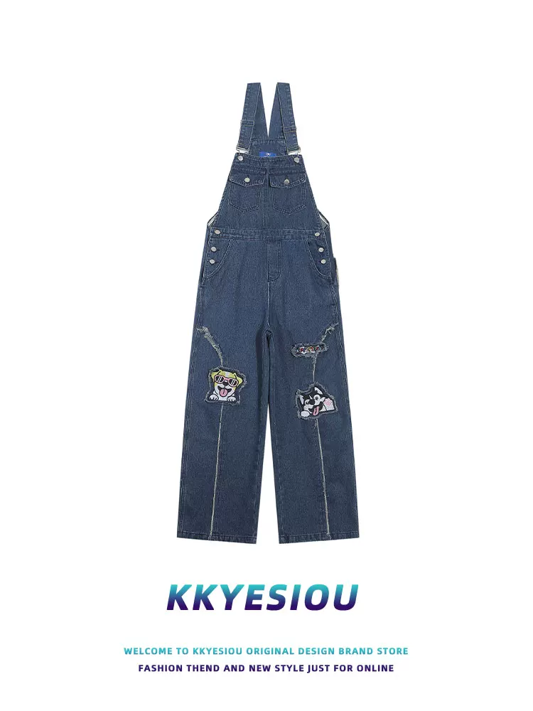 Quần yếm denim thêu hình chó phong cách retro Mỹ, unisex, đa năng, kiểu dáng học sinh, thương hiệu KKyesiou