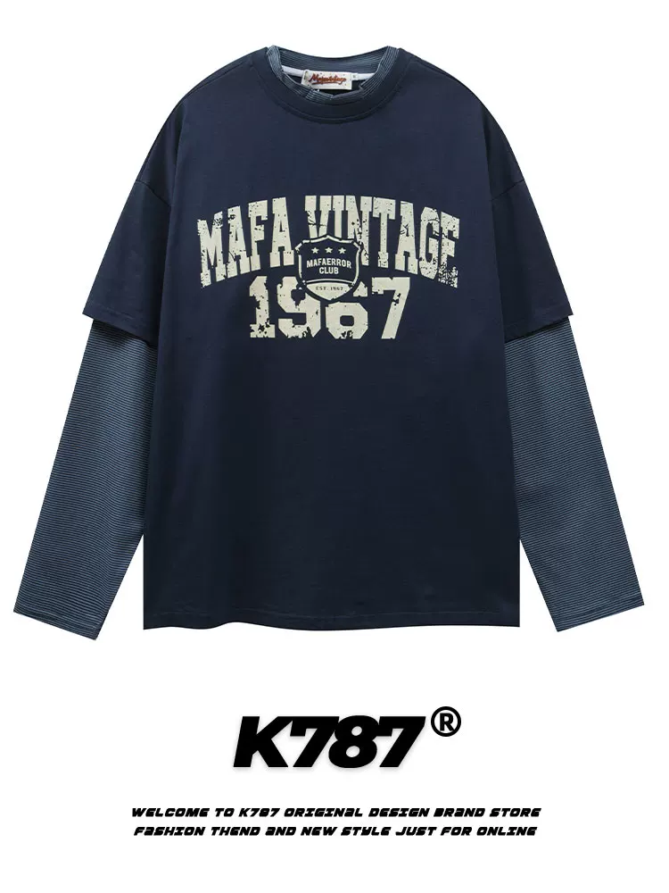 K787 Áo thun dài tay giả hai mảnh cổ điển kiểu Mỹ đã qua giặt cổ điển unisex áo nỉ ngoại cỡ ins áo đôi