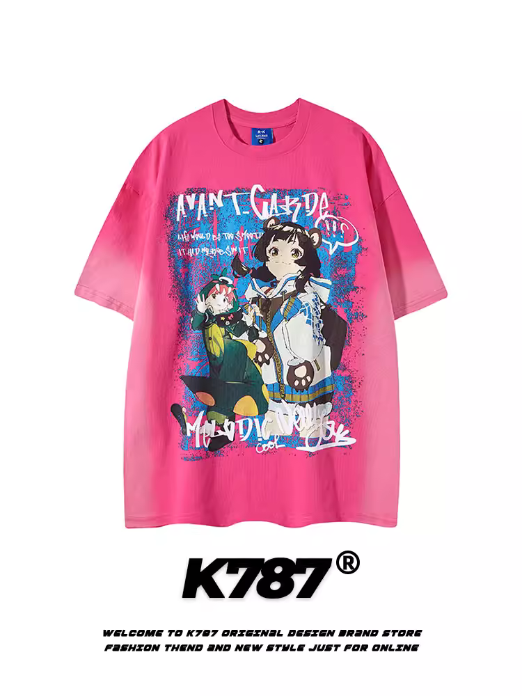 K787 Áo thun ngắn tay in họa tiết hoạt hình theo xu hướng quốc gia cổ điển của Mỹ dành cho nam và nữ áo oversize đường phố cao cấp màu hồng dành cho cặp đôi