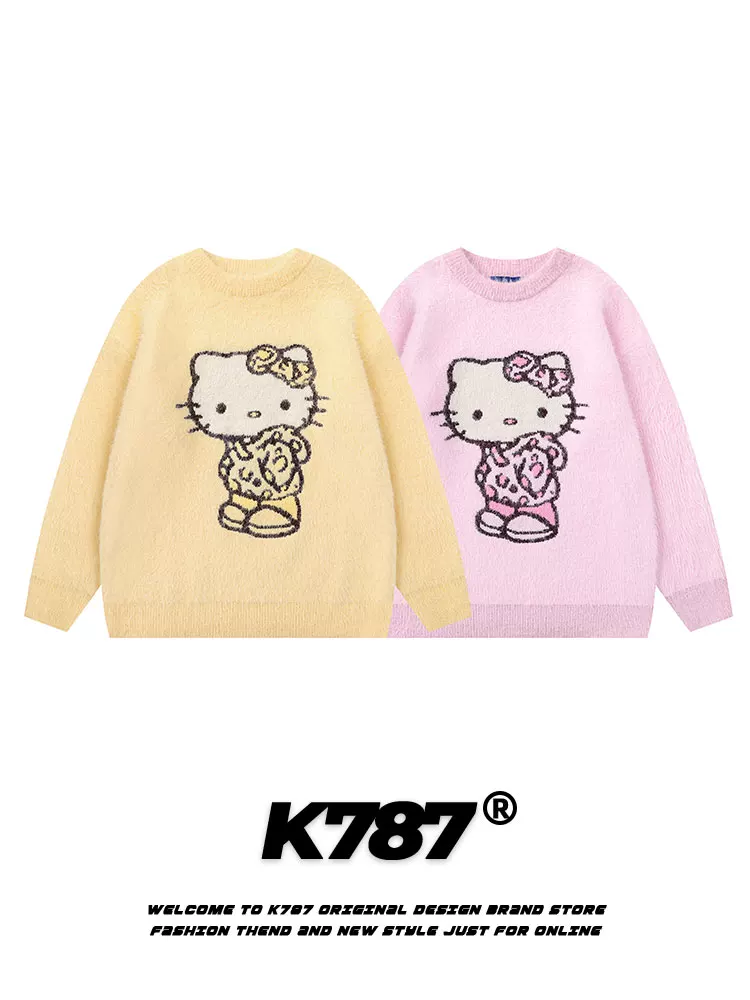 K787 Áo len dệt kim thêu hình Hello Kitty theo phong cách cổ điển Trung Quốc dành cho nam và nữ, áo chui đầu kiểu đại học giản dị màu vàng kem.