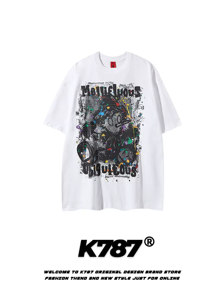 K787 Áo thun ngắn tay in hình hoạt hình Pinocchio cổ điển của Mỹ dành cho nam và nữ áo thun oversize hip-hop ins cặp đôi