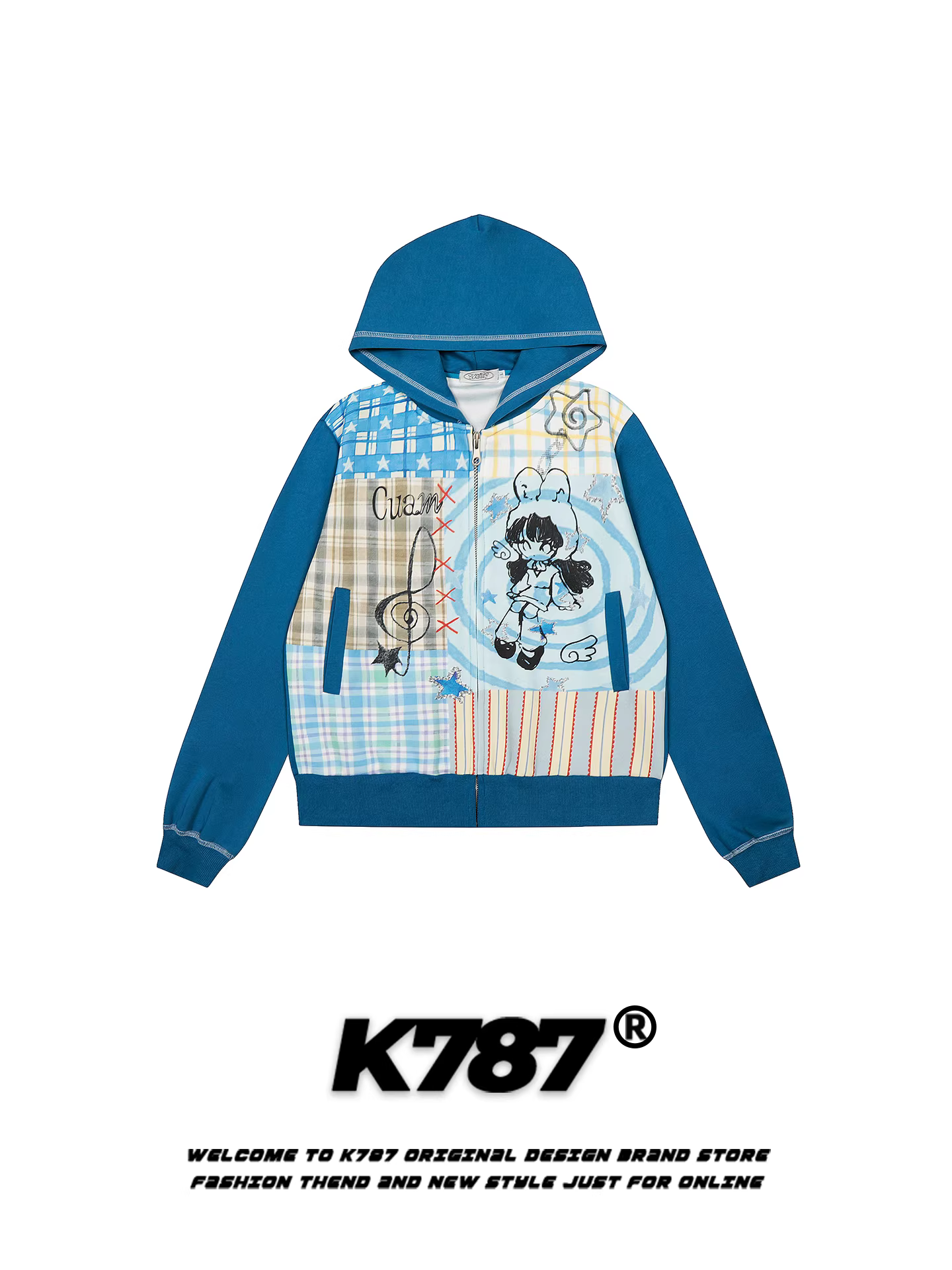 Áo khoác cardigan có mũ trùm đầu phong cách Nhật Bản K787, họa tiết graffiti phối màu, dành cho nữ, kiểu dáng rộng rãi, phong cách Y2K ngọt ngào và cá tính, áo khoác ngắn.