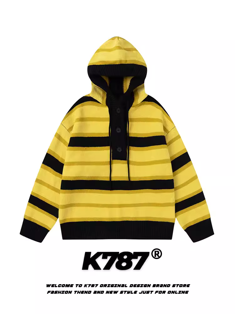 Áo len có mũ trùm đầu sọc vàng đen theo xu hướng cổ điển Mỹ K787 dành cho nam và nữ với thiết kế dây buộc áo len dệt kim