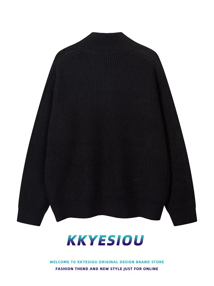 Áo khoác cardigan dệt kim màu trơn kiểu Mỹ cổ điển KKyesiou dành cho nam và nữ, áo len màu xám có khóa kéo phong cách giản dị