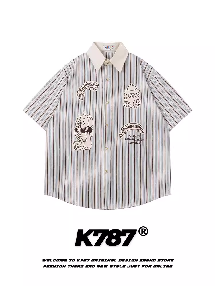 K787 Áo sơ mi ngắn tay thêu phong cách cổ điển Mỹ theo xu hướng quốc gia dành cho nam và nữ phong cách đại học cổ điển áo đôi phong cách ins