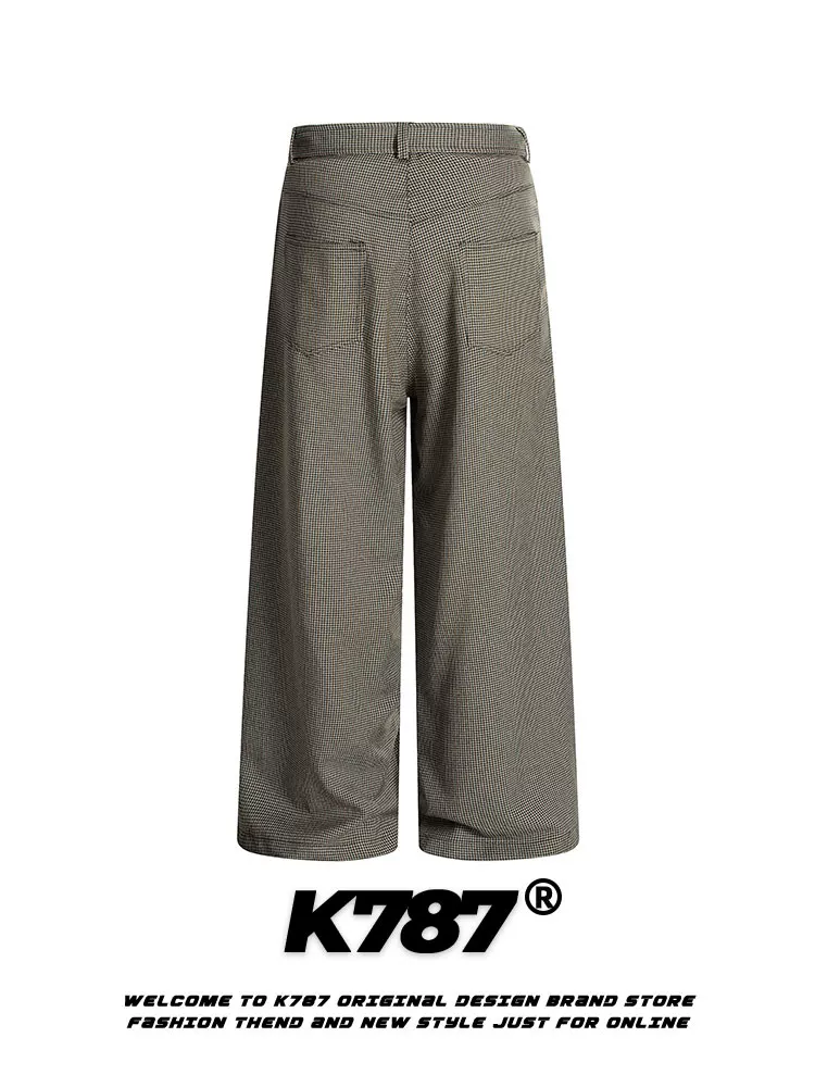 Quần âu unisex kiểu dáng xu hướng, cạp cao, rộng thùng thình, ống thẳng, họa tiết caro houndstooth phối vải, phong cách retro Mỹ, mã K787