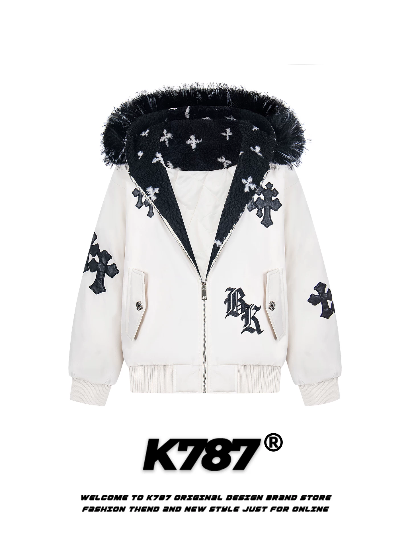 Áo khoác cotton có mũ trùm đầu, cổ lông, thêu họa tiết theo phong cách retro Mỹ K787 dành cho nam và nữ, áo khoác cotton dày dặn và ấm áp dành cho cặp đôi.