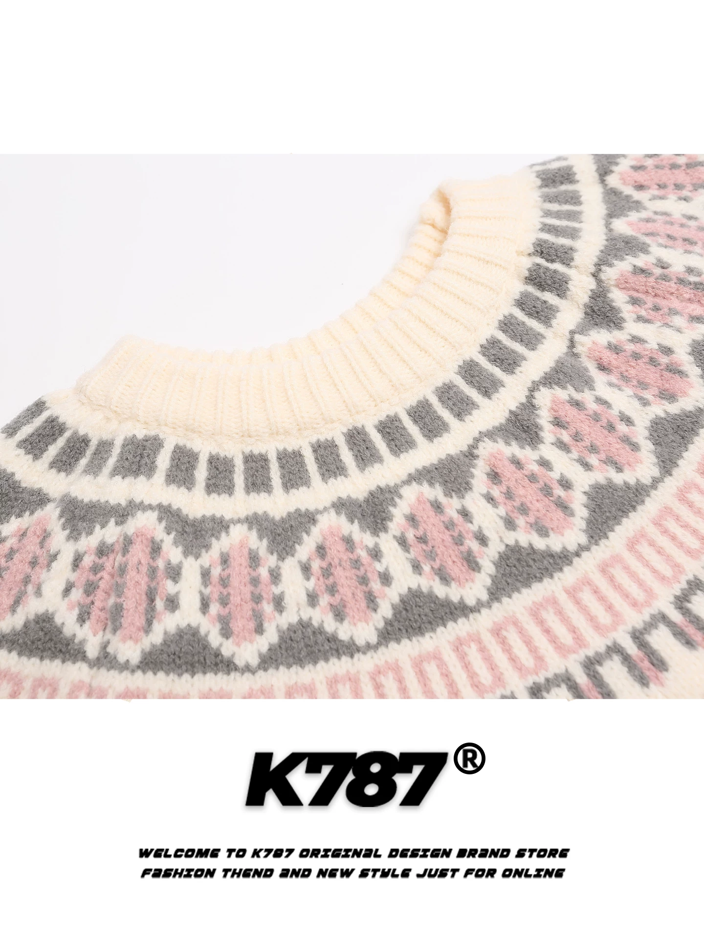 Áo len cổ tròn dệt jacquard kiểu Fair Isle của Mỹ K787 dành cho nam và nữ, kiểu dáng rộng rãi và thoải mái, trang phục dệt kim dành cho cặp đôi đi làm mùa thu.