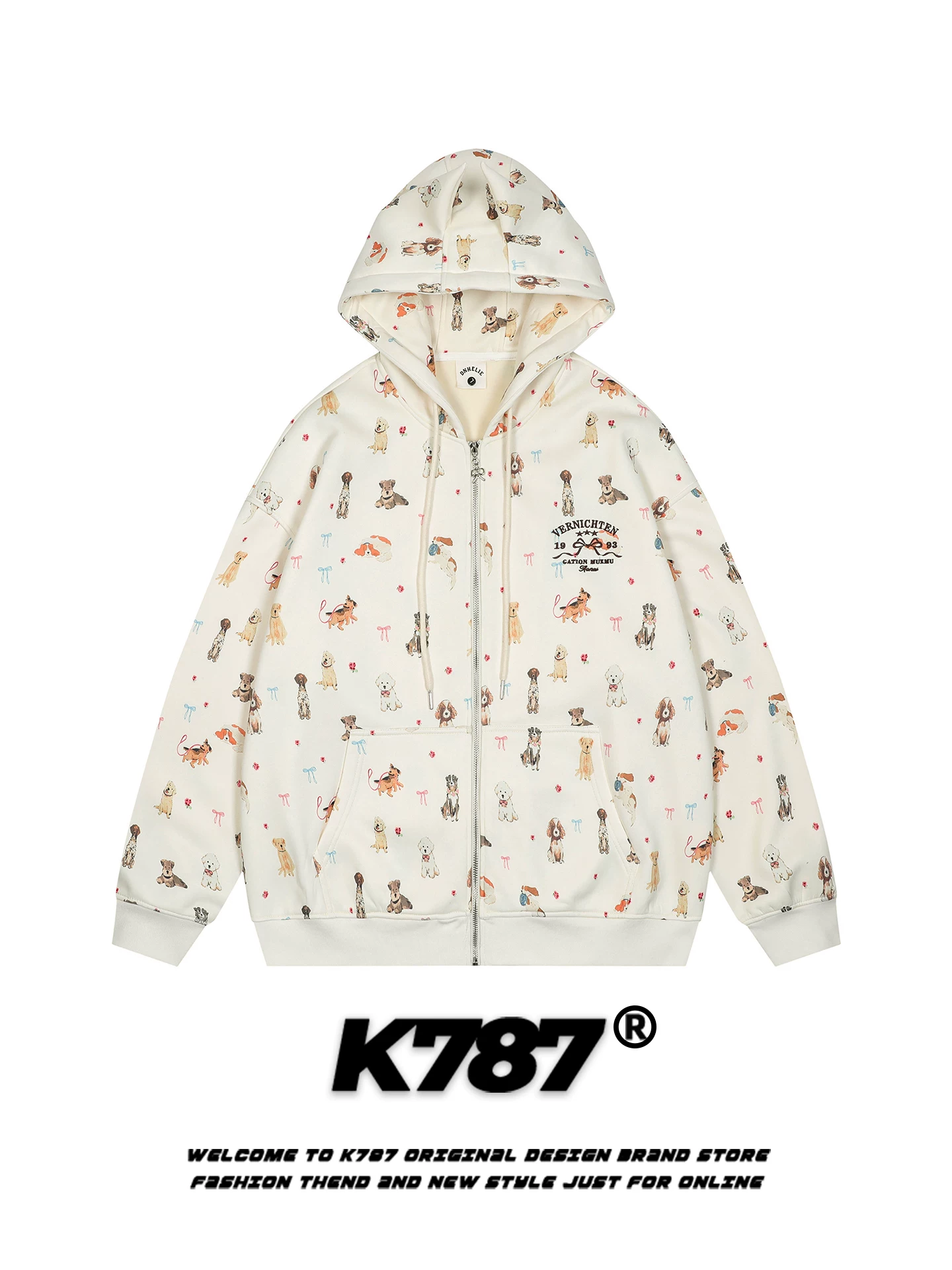 Bộ đồ nữ hai mảnh áo hoodie cardigan in hình chó vui nhộn phong cách retro Mỹ K787, quần ống rộng dáng thẳng