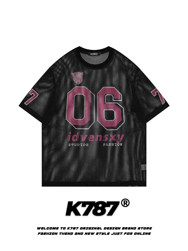Áo thun jersey in chữ kiểu retro Mỹ K787, tay ngắn, kiểu dáng rộng rãi, thoải mái, thể thao, thoáng khí dành cho nam và nữ