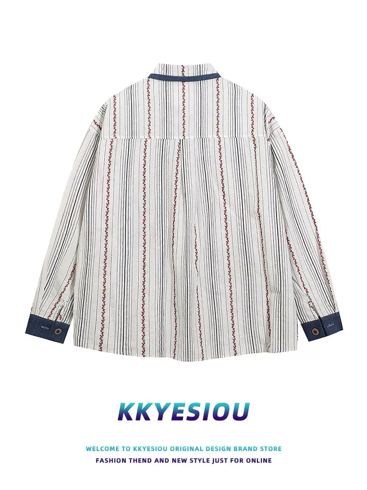 Áo sơ mi dài tay thêu sọc phong cách retro Mỹ KKyesiou dành cho nam và nữ, phong cách cổ điển, kiểu preppy, áo đôi