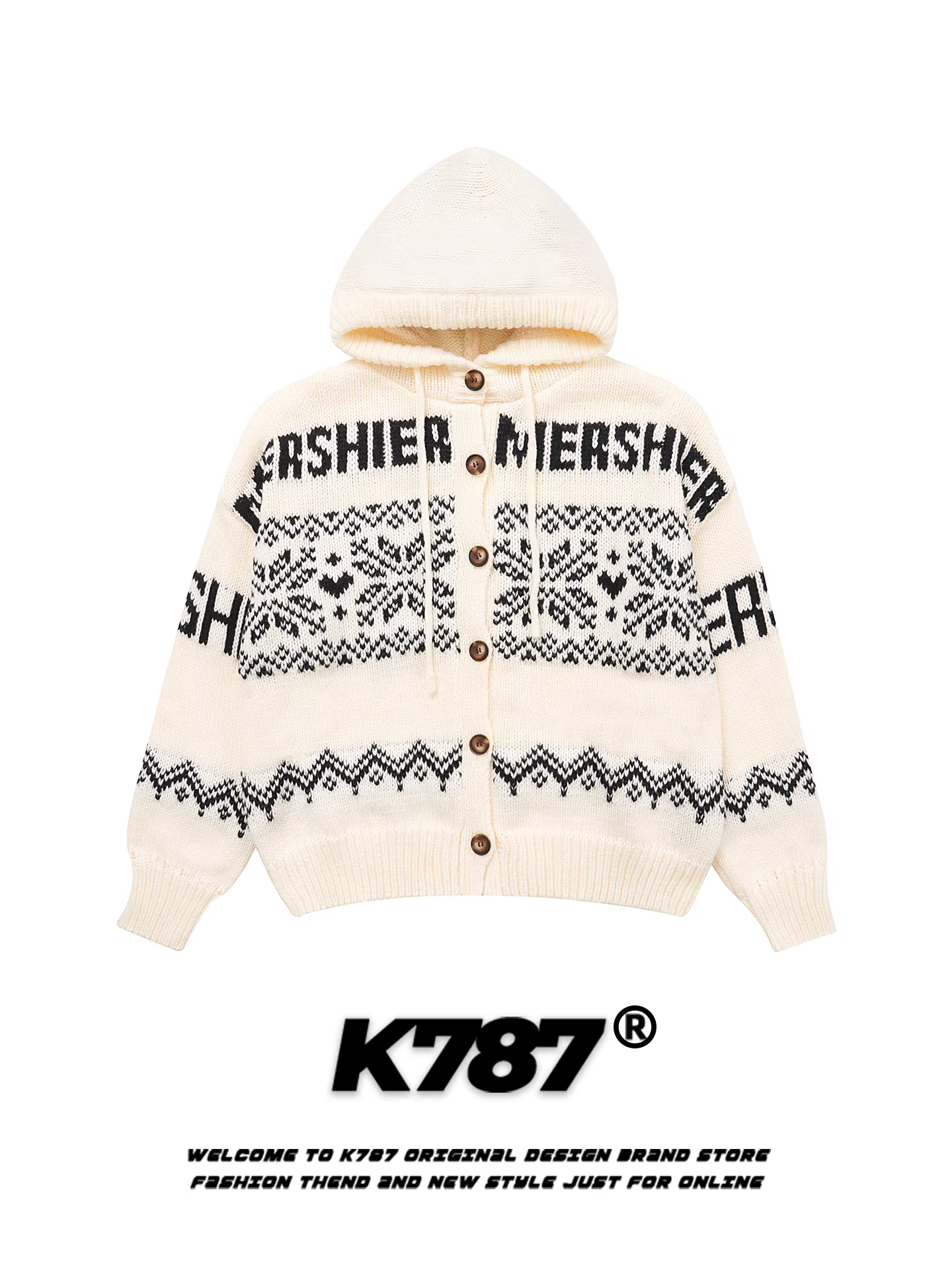 K787 Áo len dệt kim kiểu cổ điển kiểu Mỹ Fair Isle dành cho nam và nữ áo khoác len có mũ trùm đầu phong cách cổ điển lười biếng