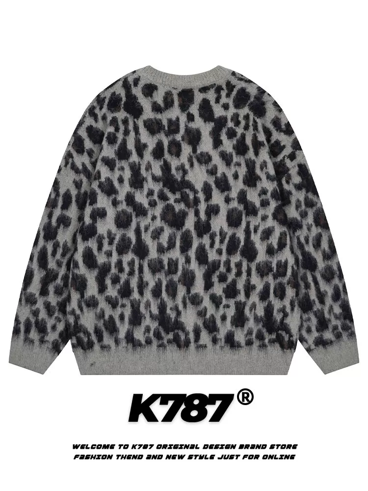Áo len dệt kim unisex mùa đông kiểu dáng lười biếng họa tiết da báo retro Mỹ K787 chất liệu mohair dành cho cặp đôi